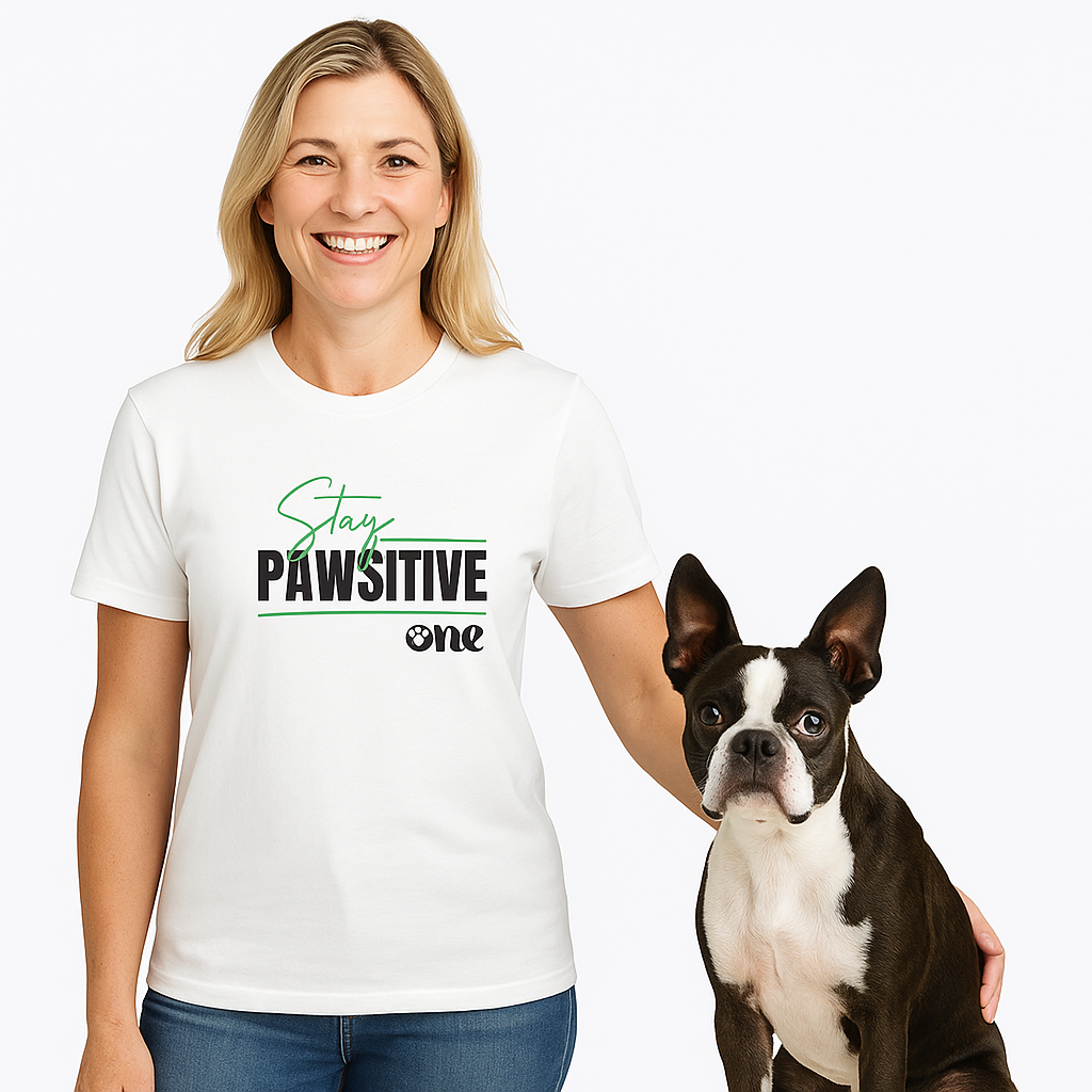 Woman wearing a white t-shirt with 'Stay PAWSITIVE' text, standing next to a black and white dog on a white background.