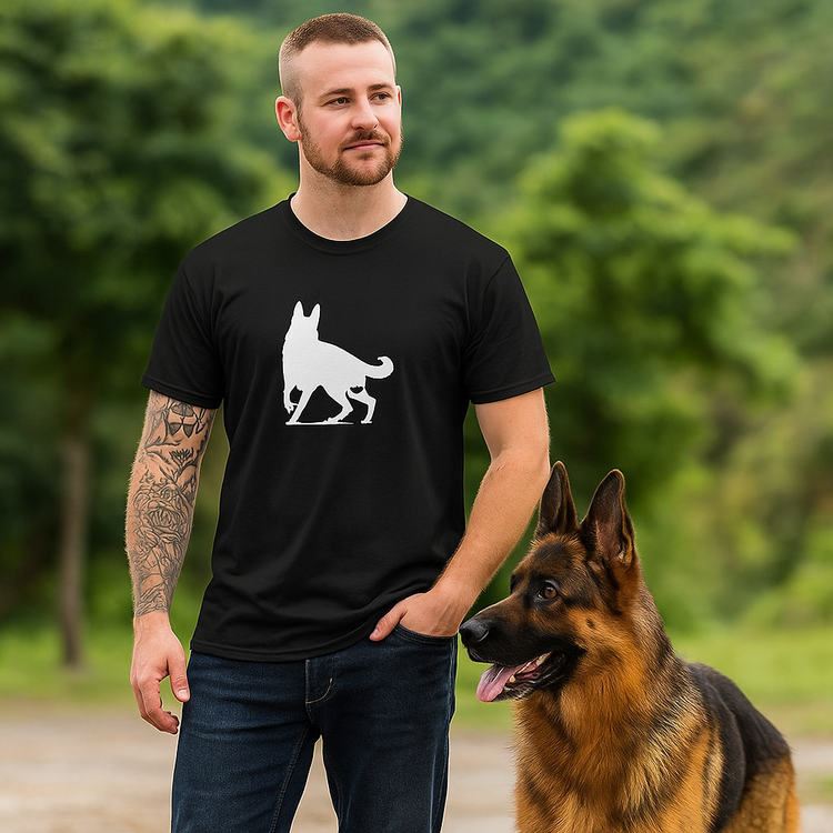 Man wearing a black t-shirt with a white dog graphic and a German Shepherd dog standing next to him outdoors.