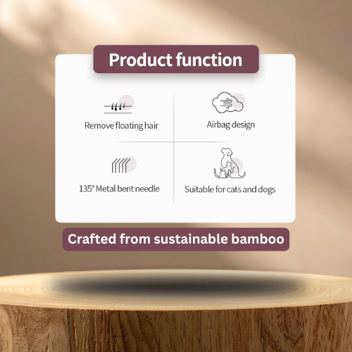 Product function card with icons and text on a wooden surface