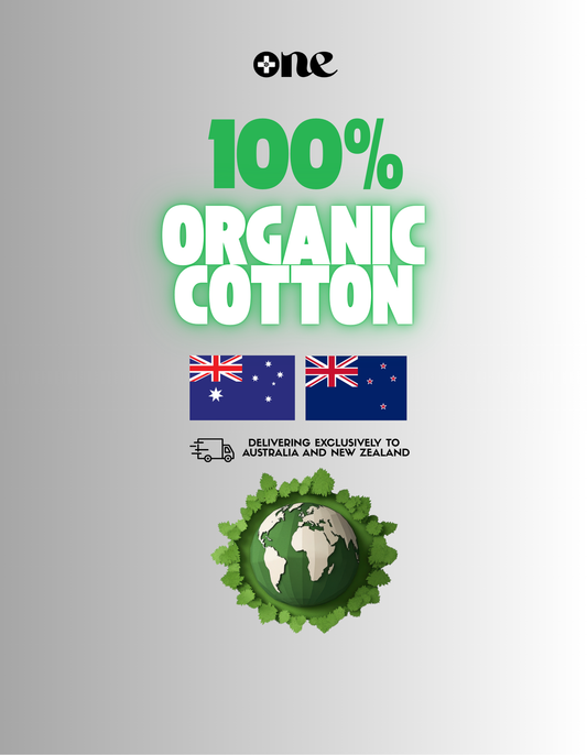100% Organic Cotton label with Australian and New Zealand flags on a gray background