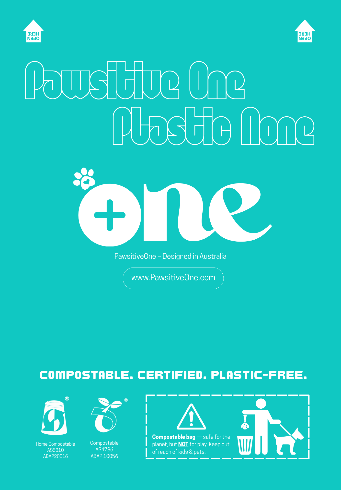 Teal packaging with 'Pawsitive One Plastic Free' branding and compostable certification logos.