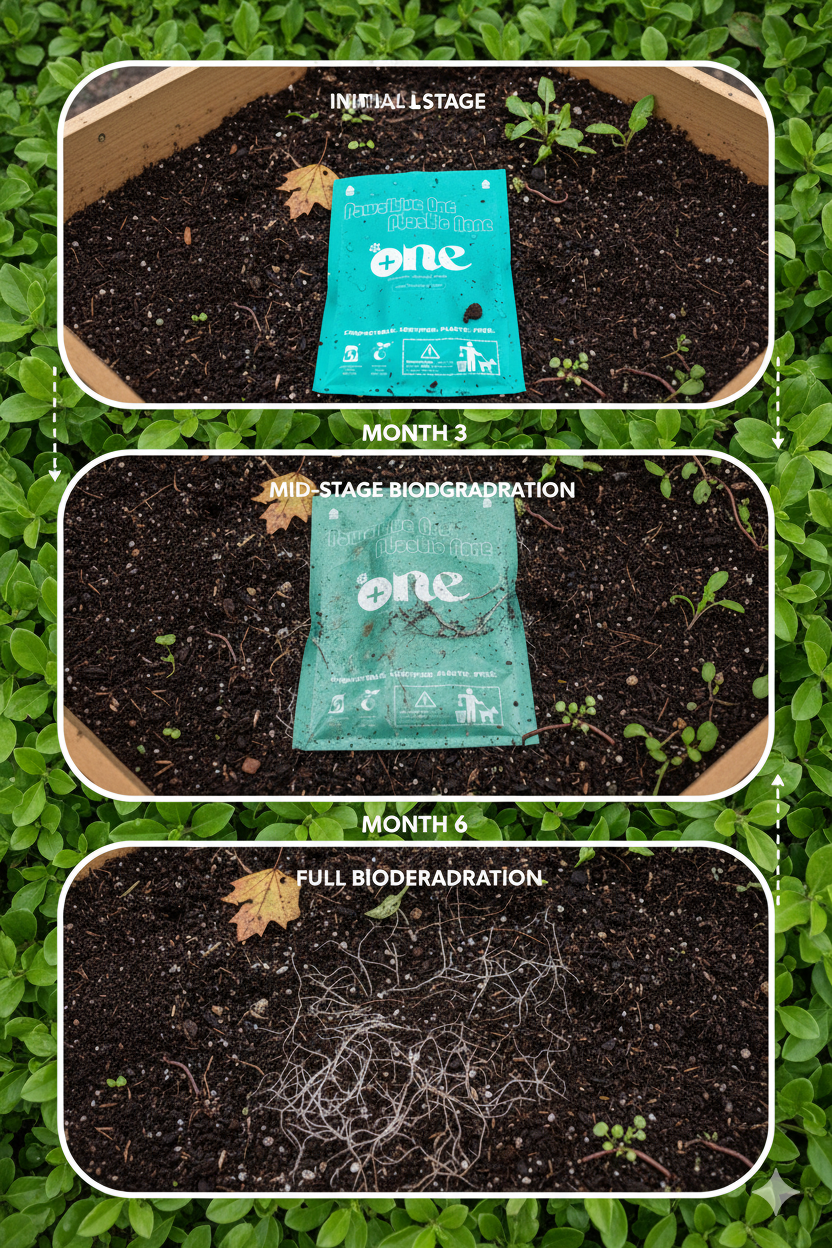 Stages of a biodegradable product's decomposition in soil over time.