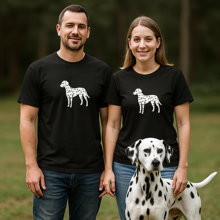 Two people wearing black t-shirts with dalmatian dog illustrations, standing next to a real dalmatian dog outdoors.