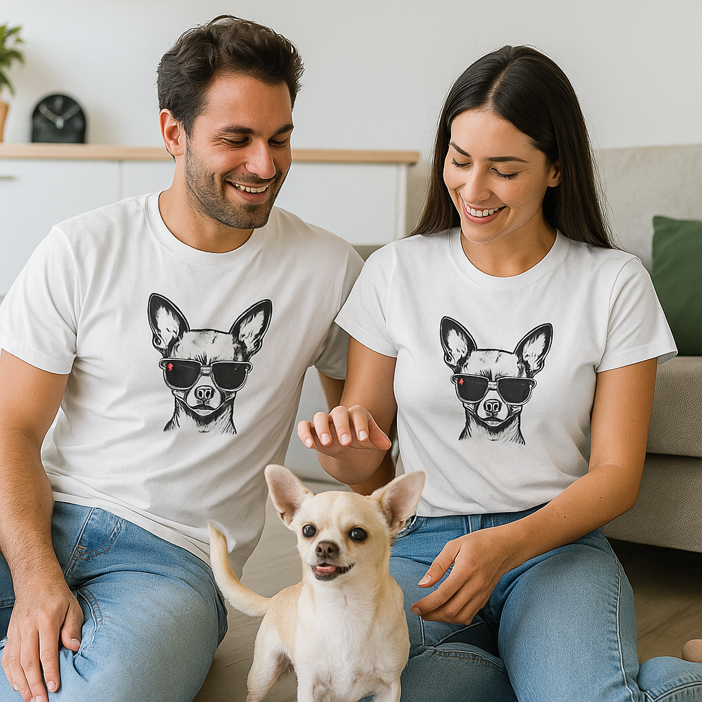 Man and woman sitting on a couch wearing matching t-shirts with a dog graphic, holding a small dog.