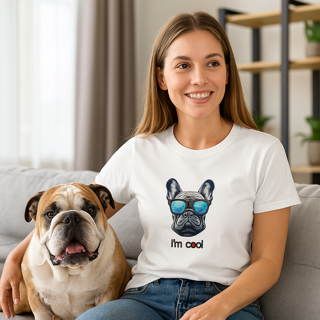 Woman wearing a white t-shirt with a dog graphic and 'I'm cool' text, sitting on a couch with a dog.