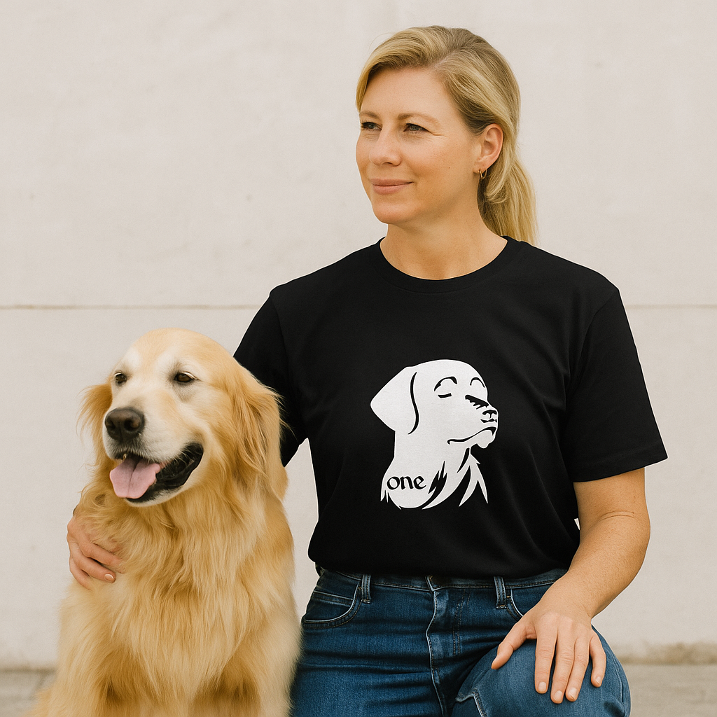 Woman wearing a black t-shirt with a dog graphic, standing next to a golden retriever.