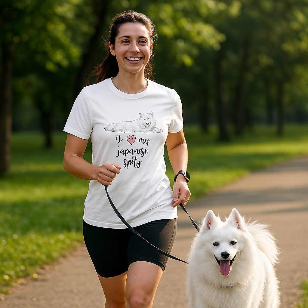 Woman walking a white dog on a path in a park, wearing a t-shirt with a dog graphic and text.