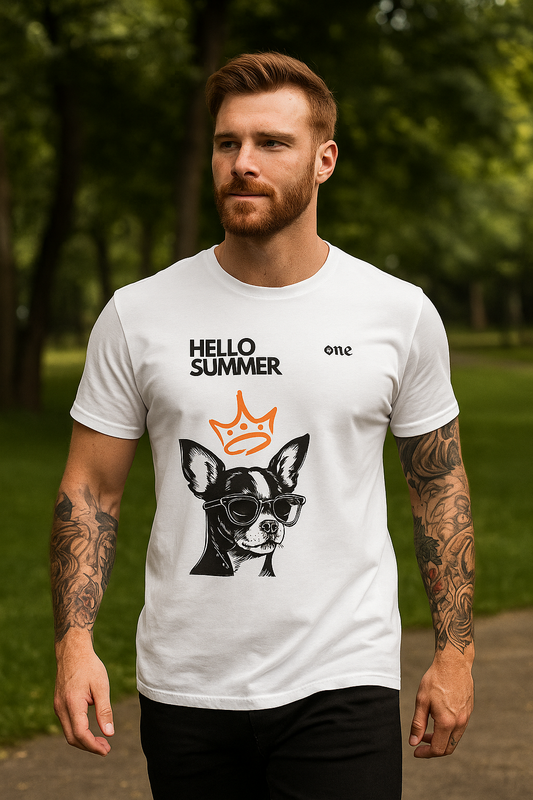 Man wearing a white t-shirt with a dog graphic and 'Hello Summer' text in a park.