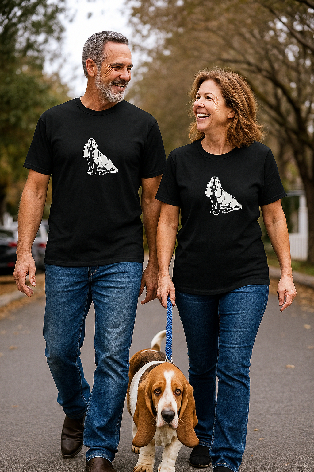 Man and woman walking a dog on a leash, both wearing black t-shirts with a white graphic design.