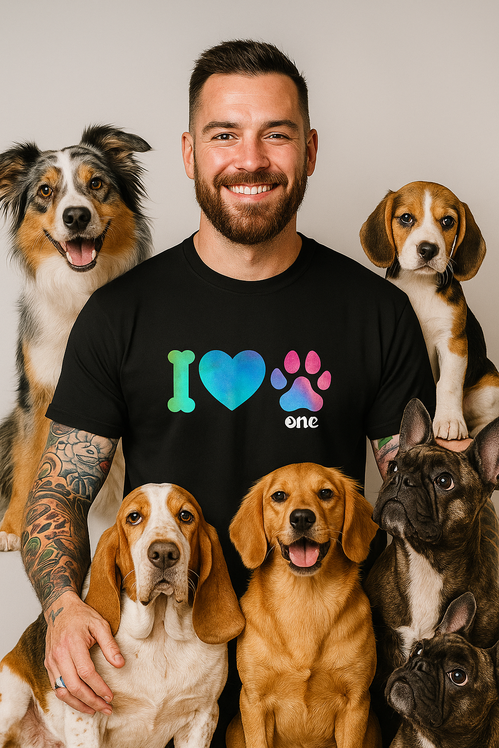 Man wearing a black t-shirt with a colorful paw print design, surrounded by five dogs on a plain background.