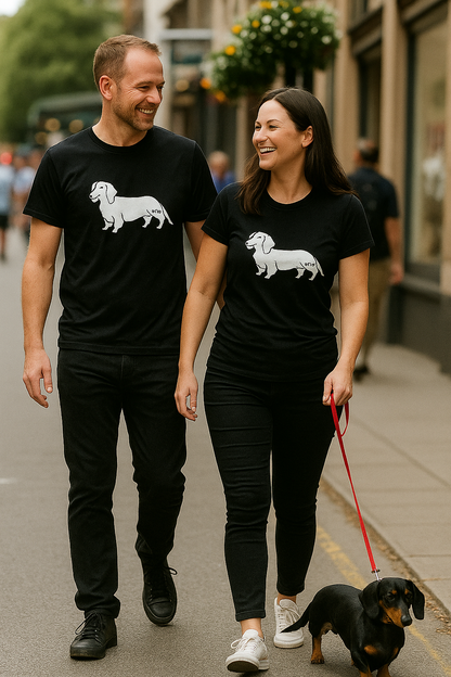 Man and woman walking on a sidewalk wearing black t-shirts with dachshund graphics, accompanied by two dachshunds.