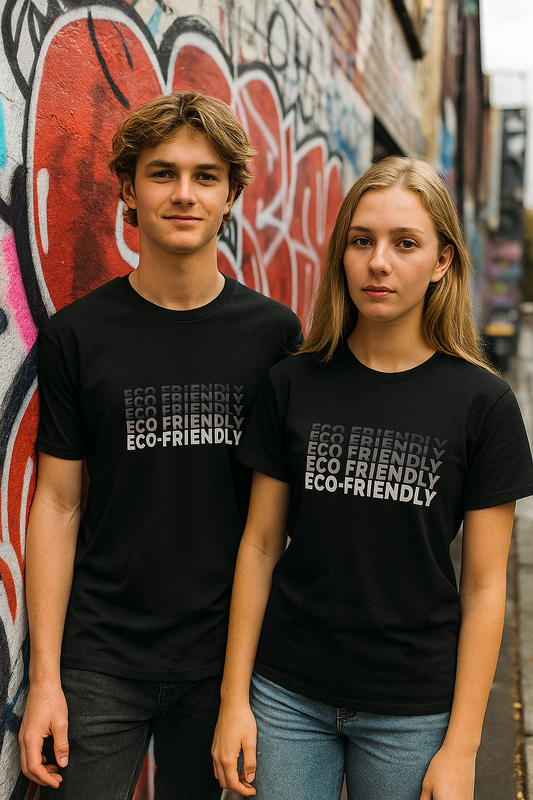 Two people wearing black t-shirts with 'Eco-Friendly' text in front of a graffiti wall.