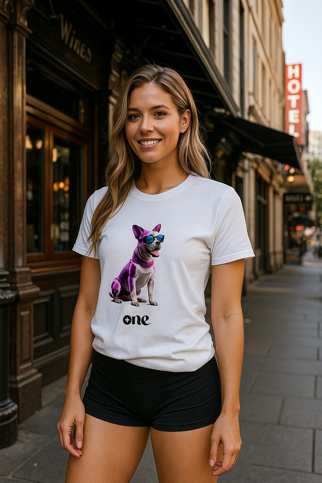 Woman wearing a white t-shirt with a dog graphic and 'one' text, standing on a city street.