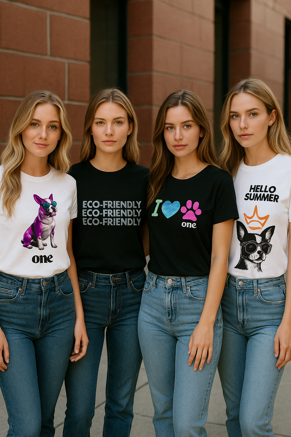 Four women wearing various t-shirts with different designs and text.