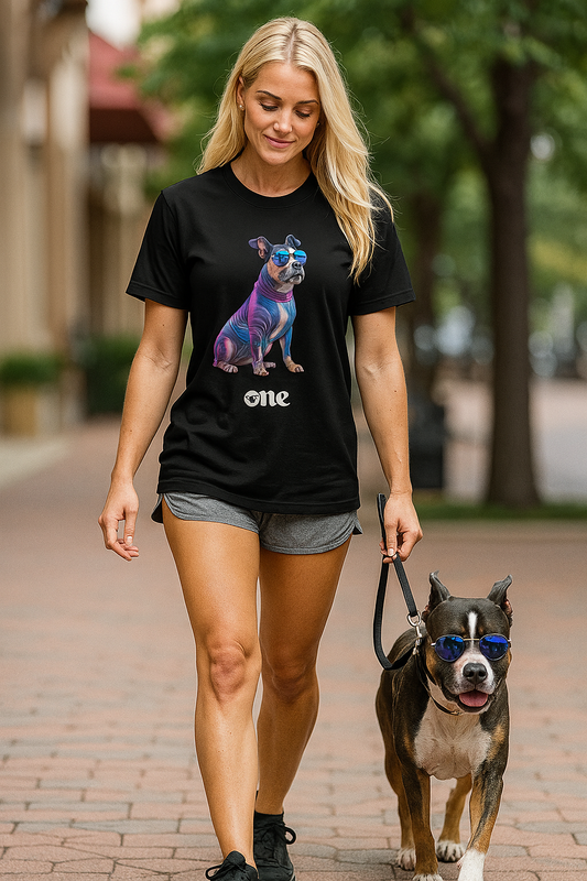 Woman walking a dog on a leash with a black t-shirt featuring a colorful dog design.