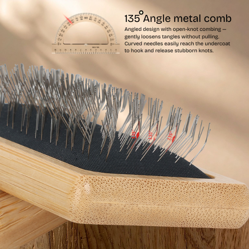 135-degree angle metal comb with wooden handle on a beige background