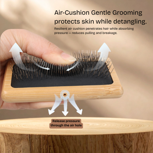 Hairbrush with air cushion technology on a wooden handle, showing how it protects skin while detangling hair.