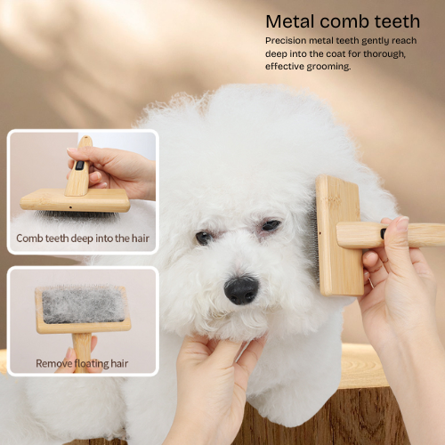 Dog being groomed with a wooden comb, highlighting metal comb teeth.