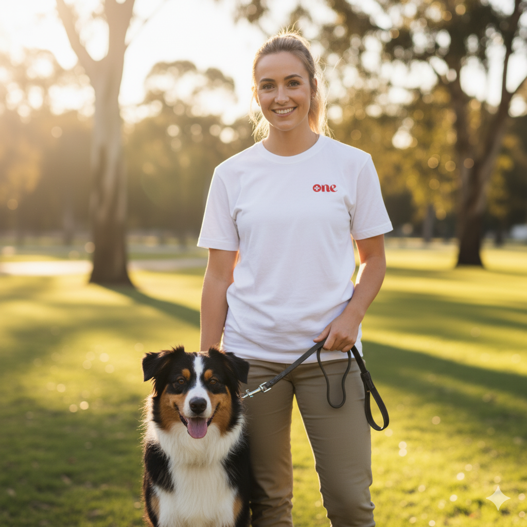 Woman standing with a dog in a park wearing a white t-shirt with a red logo.