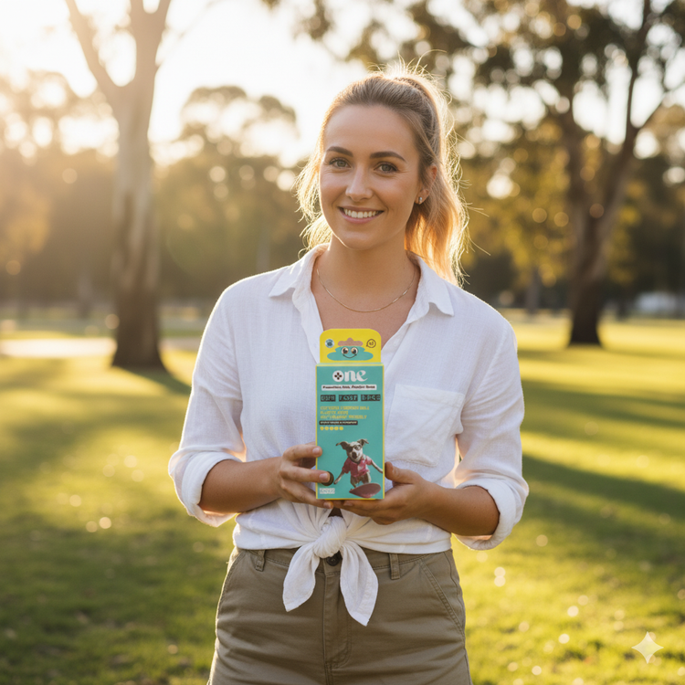 Woman holding a product package in a park