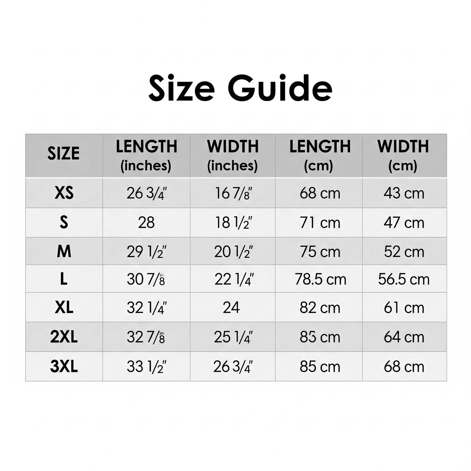 Size guide chart for clothing with measurements in inches and centimeters.