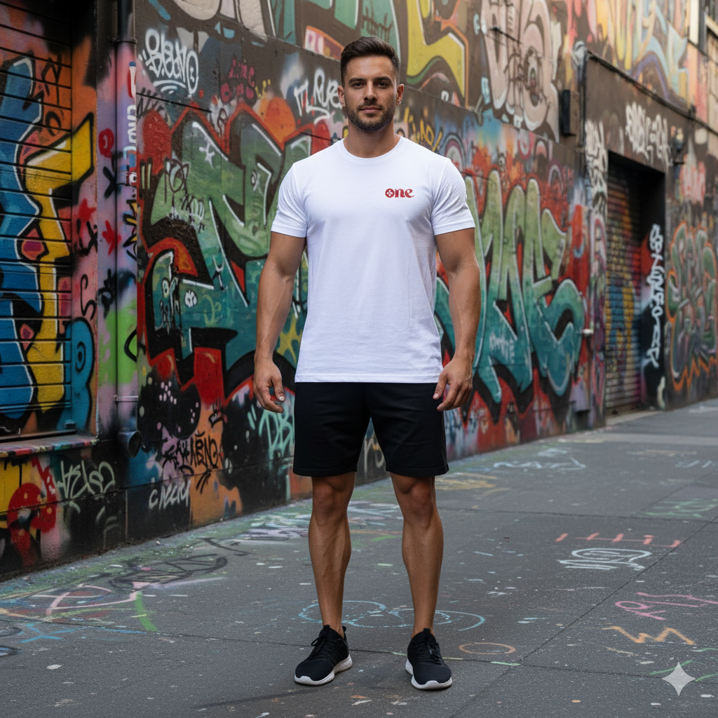 Man wearing a white t-shirt with red text and black shorts standing in front of a graffiti-covered wall.