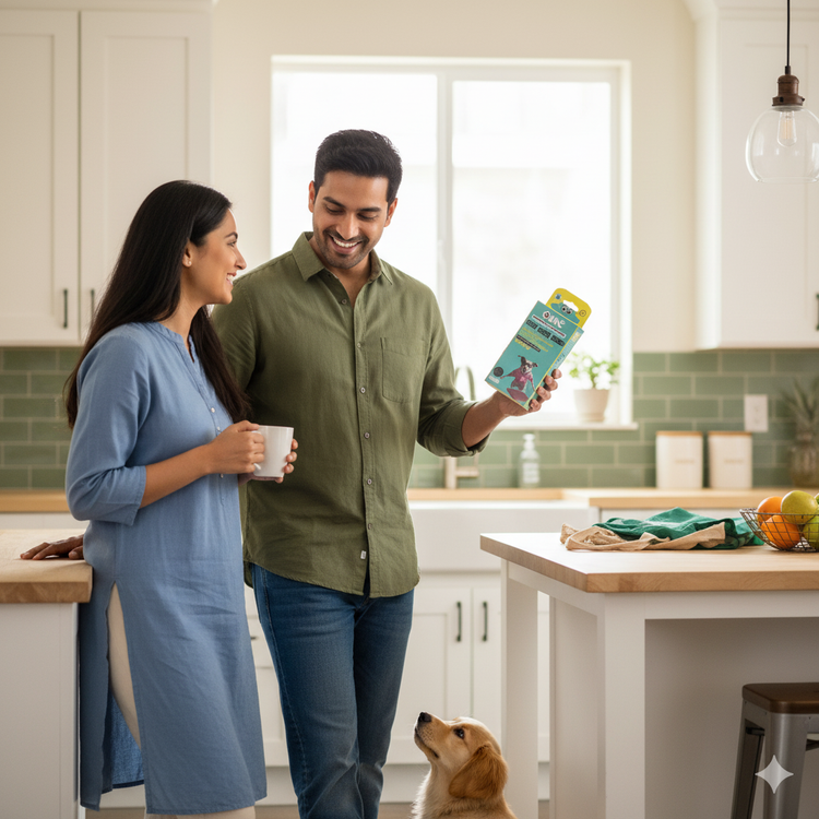 Man and woman in a kitchen with a dog, holding a product package.