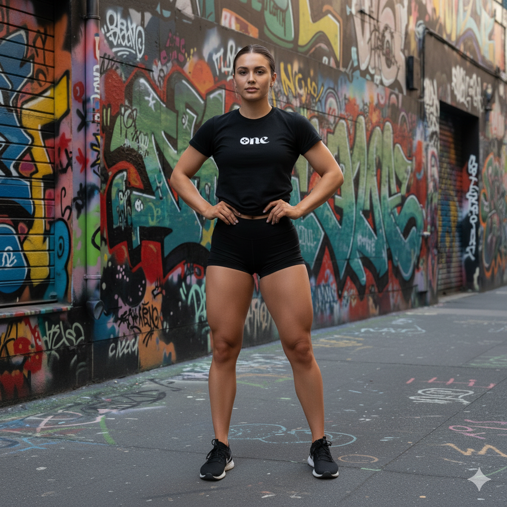 Person wearing a black t-shirt with 'ONE' logo in front of a graffiti-covered wall.