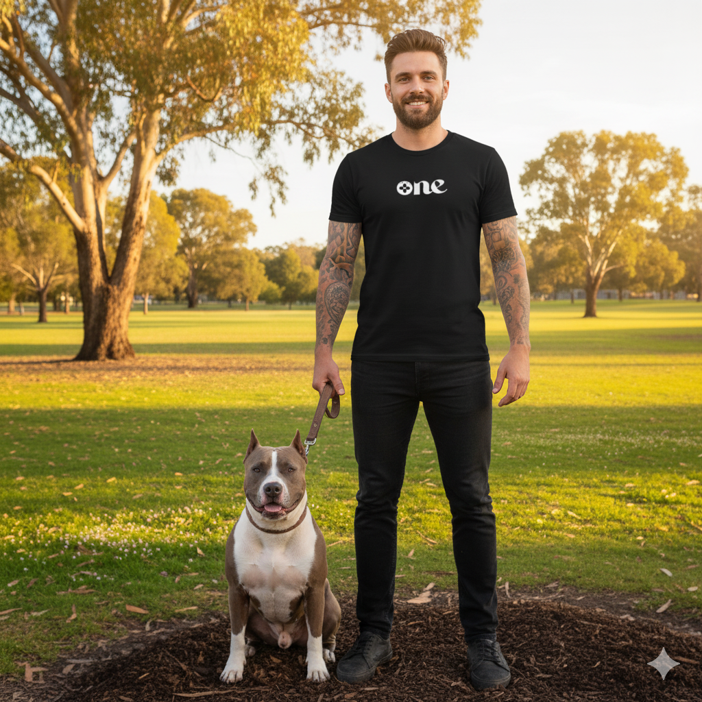 Man standing with a dog in a park wearing a black t-shirt with 'ONE' logo