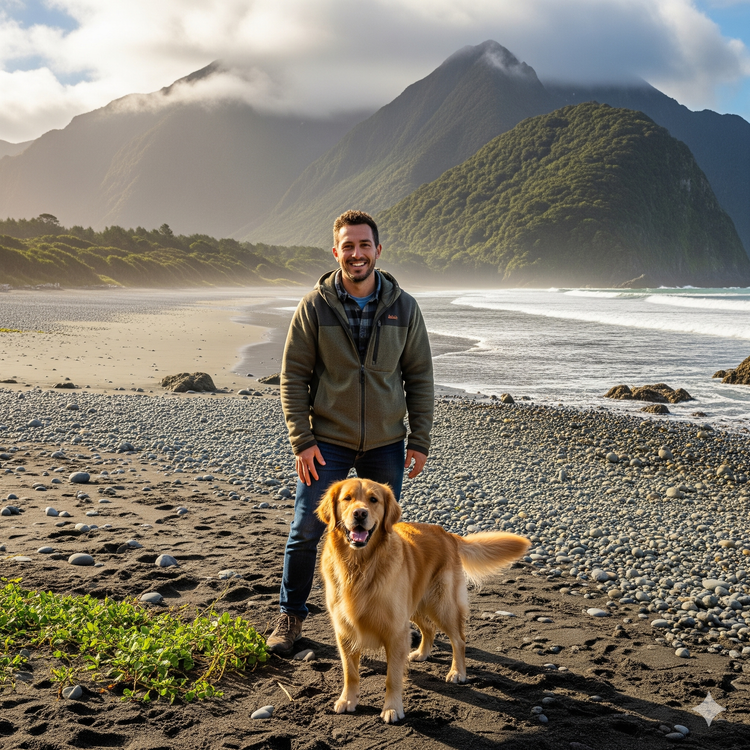 Man and dog standing on a beach with mountains in the background
