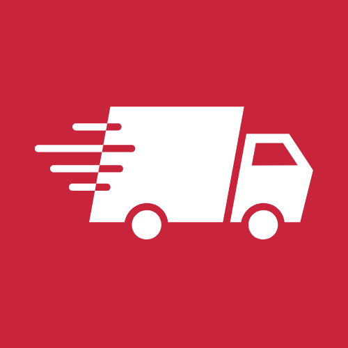 White delivery truck icon with speed lines on a red background