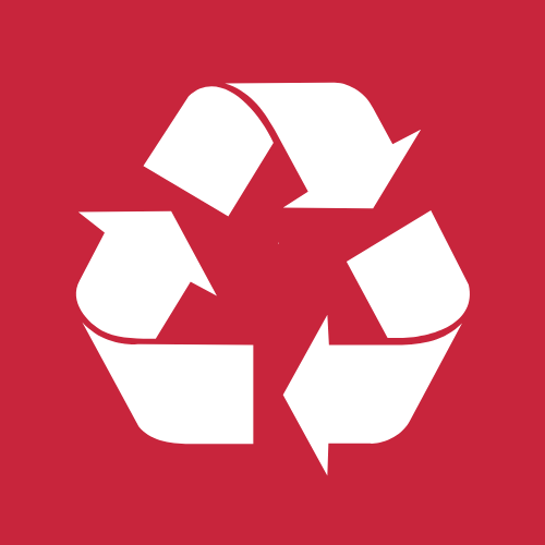 White recycling symbol on a red background